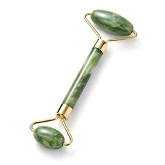 Jade roller facial massage tool for cooling skincare routines isolated on a bright white background