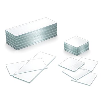 Glass microscope slides and square coverslips for laboratory use isolated on a pure white background