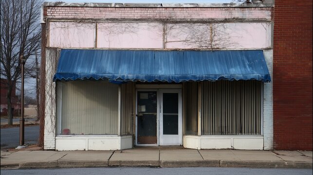 An abandoned storefront with boarded-up windows, faded awning, and peeling paint, evoking a sense of decline