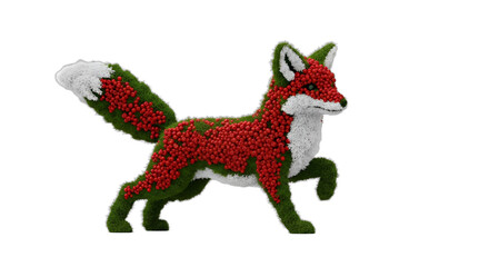 Fototapeta premium Playful fox silhouette crafted from vibrant red berries & green moss, in a pouncing pose with subtle eyes. Ideal for Christmas, holiday cards, winter marketing, or whimsical product design.