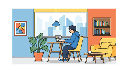 Fototapeta premium Young man working remotely on laptop in cozy modern home office space