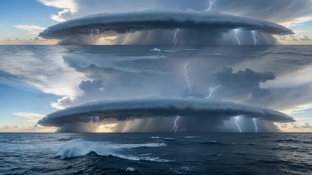 A striking image of storm clouds over an ocean with waves and lightning strikes