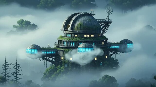 A futuristic observatory sits above a forest, engulfed in mist and fog