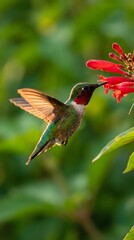 Fototapeta premium Ruby-throated hummingbird feeding on red tubular flowers in natural garden setting with vibrant green foliage background for wildlife photography.