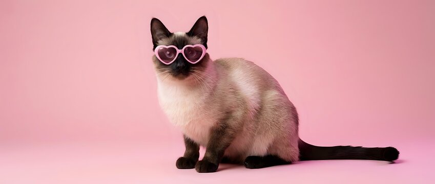 Stylish Siamese cat wearing trendy sunglasses sits confidently on pink background, perfect for fashion and lifestyle marketing campaigns.