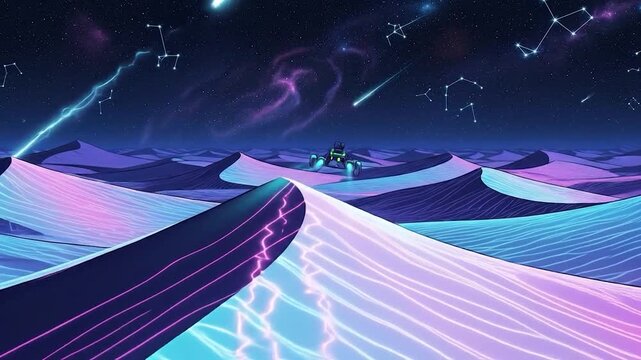 A futuristic vehicle speeds across neon-lit dunes under a starry, cosmic sky, trails behind
