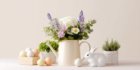 Fototapeta premium White flower vase with a rabbit and a few eggs in it