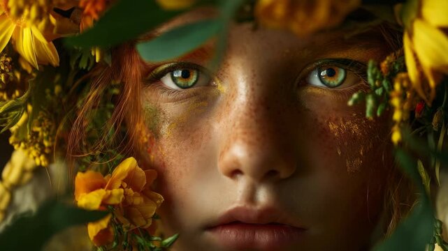 Close-up portrait of a young girl with freckles and a floral crown, featuring vibrant green eyes