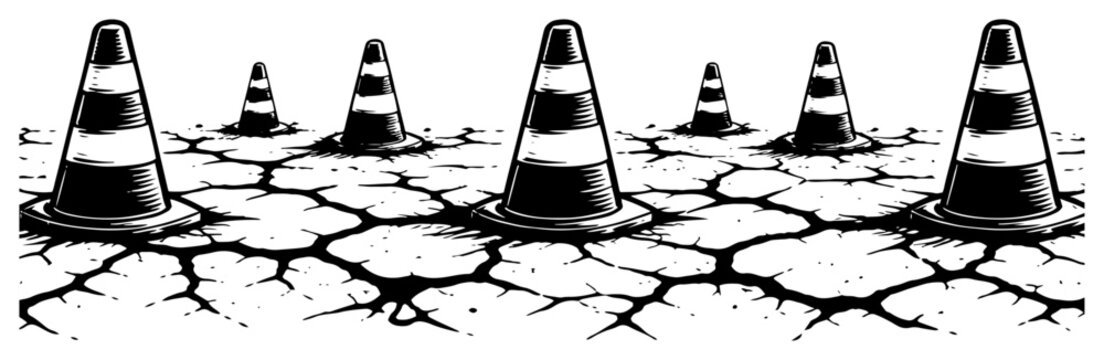 Training traffic cones on dry cracked ground for soccer practice drills