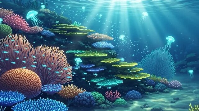 A vibrant underwater scene depicts a coral reef with diverse corals, fish, and glowing jellyfish