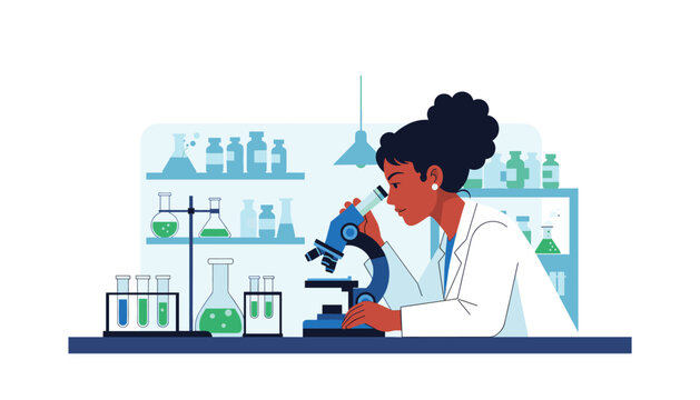Female scientist examining samples through microscope in modern laboratory setting