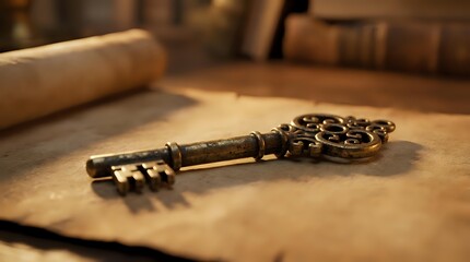 Antique brass key with ornate decorative head lying on aged parchment paper with vintage books in background creating nostalgic historical atmosphere.