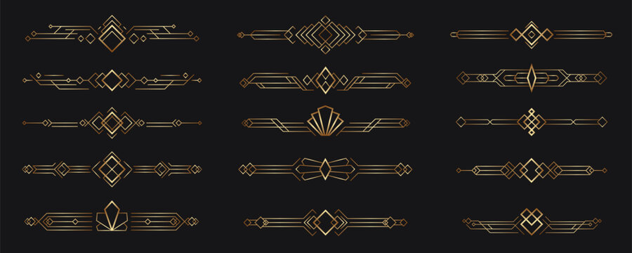 Collection of gold Art Deco divider ornaments on a dark background, featuring geometric diamonds, chevrons, and elongated lines arranged in symmetrical horizontal motifs. Vector illustration