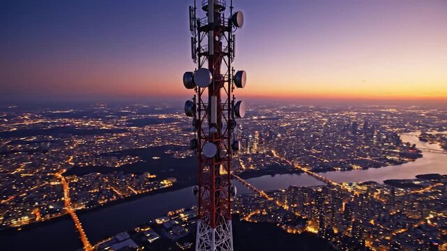Telecommunication tower over cityscape at dusk