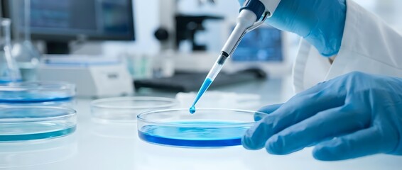 Laboratory scientist in blue gloves using pipette to transfer sample into petri dish for medical research and scientific analysis in modern lab.