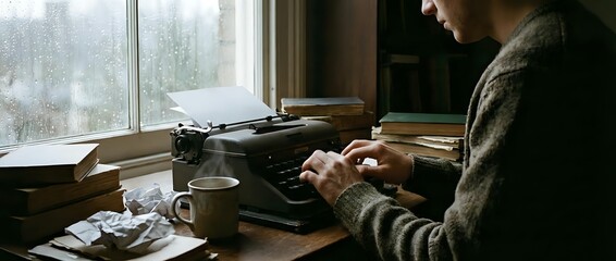 Naklejka premium Young man typing on vintage typewriter by window with coffee cup creating cozy writing atmosphere for creative projects and storytelling concepts.