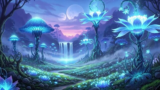 A dreamy, glowing fantasy landscape, with neon blue flora, waterfalls, and moonlit sky
