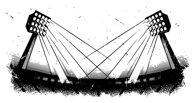 Dramatic stadium floodlights with bright beams of light over arena background