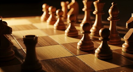 Chessboard with pieces in a strategic game setup on a wooden board with a dramatic lighting effect