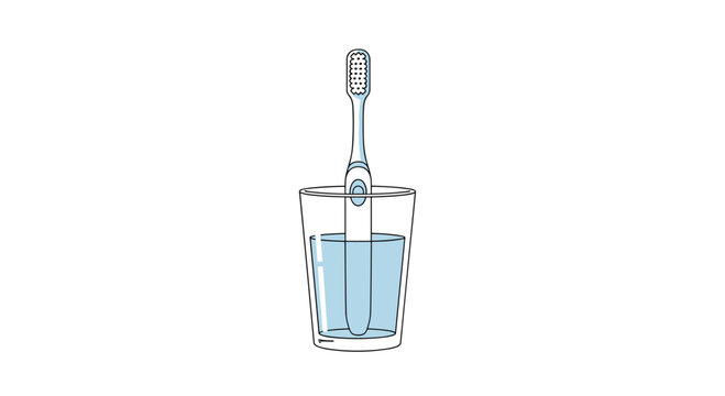 A white and blue electric toothbrush is submerged in a clear glass half-filled with blue water against a plain white background in a vector style.