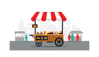 Fototapeta premium Colorful street food cart with people in urban setting