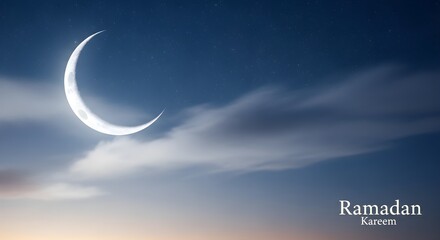 Serene crescent moon glowing amidst gentle clouds during spiritual Ramadan Kareem evening