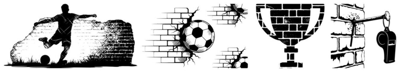 Collection of soccer sport icons including player silhouette trophy and ball breaking a wall