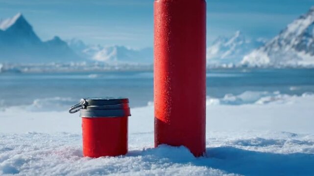 A vibrant red insulated thermos bottle and a matching food jar stand prominently on a pristine blanket of snow, set against a breathtaking backdrop of majestic snow-capped mountains and a partially fr