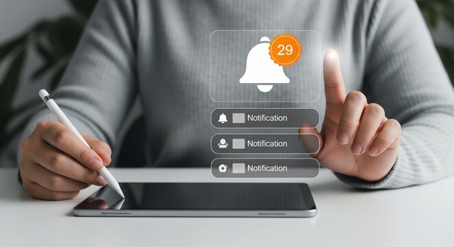 Digital Notification Mockup with Bell Icon and Count, User Interacting with Tablet and Stylus, Modern UI Template for App Alerts and Communication Concept