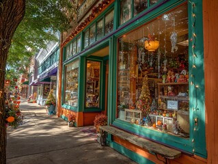 Obraz premium Charming storefront with inviting window displays, seasonal decor, and a sidewalk framed by trees