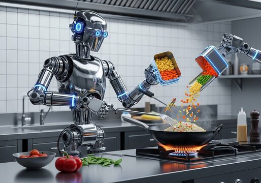 Advanced metallic robot skillfully cooks delicious fried rice in a modern professional kitchen, showcasing automation and culinary technology, prepare, artificial intelligence, precise
