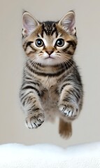 Obraz premium Adorable tabby kitten with blue eyes jumping playfully, striped fur pattern, domestic cat breed for pet adoption campaigns and animal welfare content.