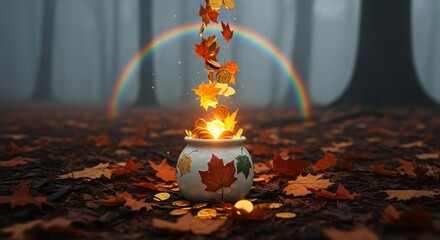 Fototapeta premium Magical autumn forest scene with a glowing pot overflowing with golden coins and falling leaves under a vibrant rainbow. Perfect for seasonal marketing, wealth concepts, financial abundance,