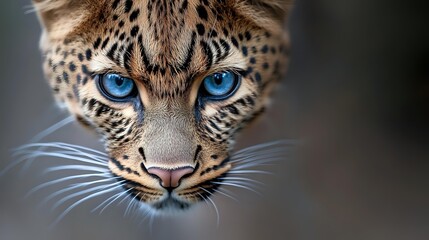 Obraz premium Stunning leopard portrait with piercing blue eyes and detailed spotted fur pattern against blurred background for wildlife photography and nature designs.