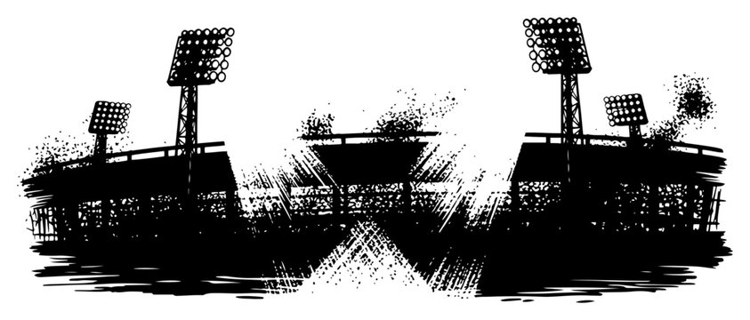 Abstract grunge illustration of a soccer stadium with bright floodlights and ink textures
