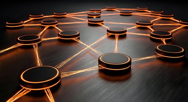 Connected network nodes with glowing orange links on dark surface representing digital communication, data transfer and technology infrastructure systems.