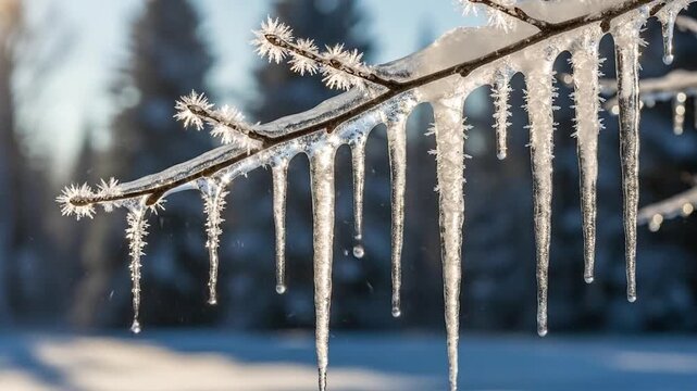 Close-up of icy tree branch with melting icicles against a blurred winter backdrop