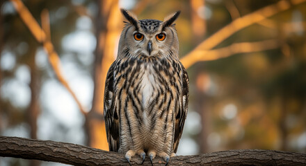Obraz premium Majestic owl perched on tree branch in forest with vibrant orange eyes