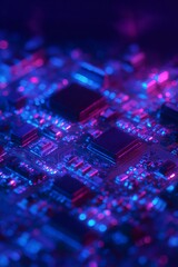 Fototapeta premium Close-up of a circuit board illuminated by vibrant purple and blue lights, showcasing intricate electronic components