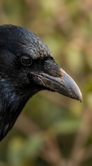 Fototapeta premium Close-up portrait of black crow head with detailed feathers and beak against blurred natural background for wildlife photography and nature content.