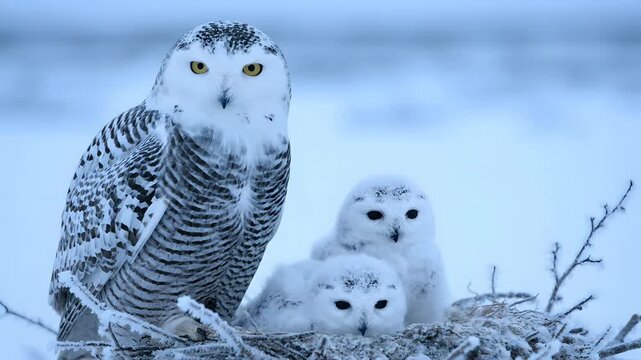 Snowy owl family in a frosty nest, adult bird and two owlets watching keenly in the arctic tundra. Ideal for wildlife documentaries, nature education, winter themes, and conservation.