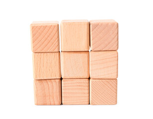 Many wooden cubes on white background