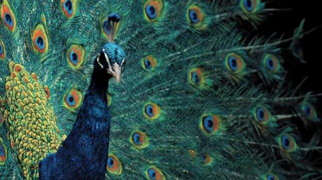 This stunning close-up footage captures the majestic beauty of a male bird displaying its vibrant, iridescent plumage. The bird's royal blue neck and head are prominently featured, adorned with a deli