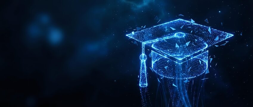 Digital graduation cap made of glowing blue wireframe lines and particles on dark background for education technology and online learning concepts.