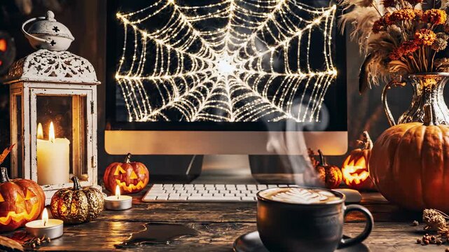Halloween Cozy Desktop Setup with Pumpkins, Candles and Coffee