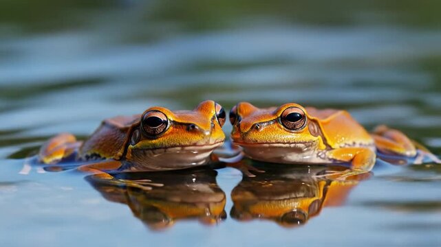 Two frogs floating on water surface