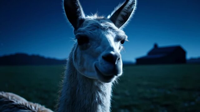 Curious llama looking directly at the camera, turning its head slightly in a serene rural field with a distant barn silhouette under a deep blue sky. Perfect for nature documentaries,