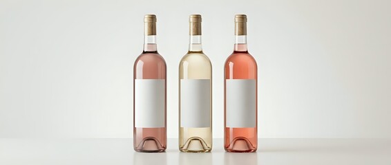 Fototapeta premium Three elegant wine bottles with blank labels showcasing rosé and white wines on clean background for branding mockup and packaging design projects.