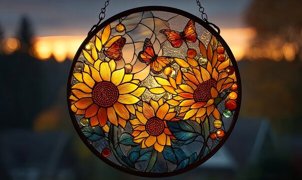 Round stained glass suncatcher with sunflowers and monarch butterflies