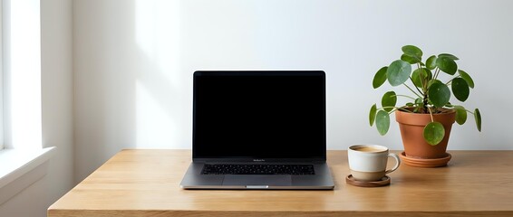 Fototapeta premium Modern workspace with laptop, coffee cup and potted plant on wooden desk near window for remote work and productivity concepts.